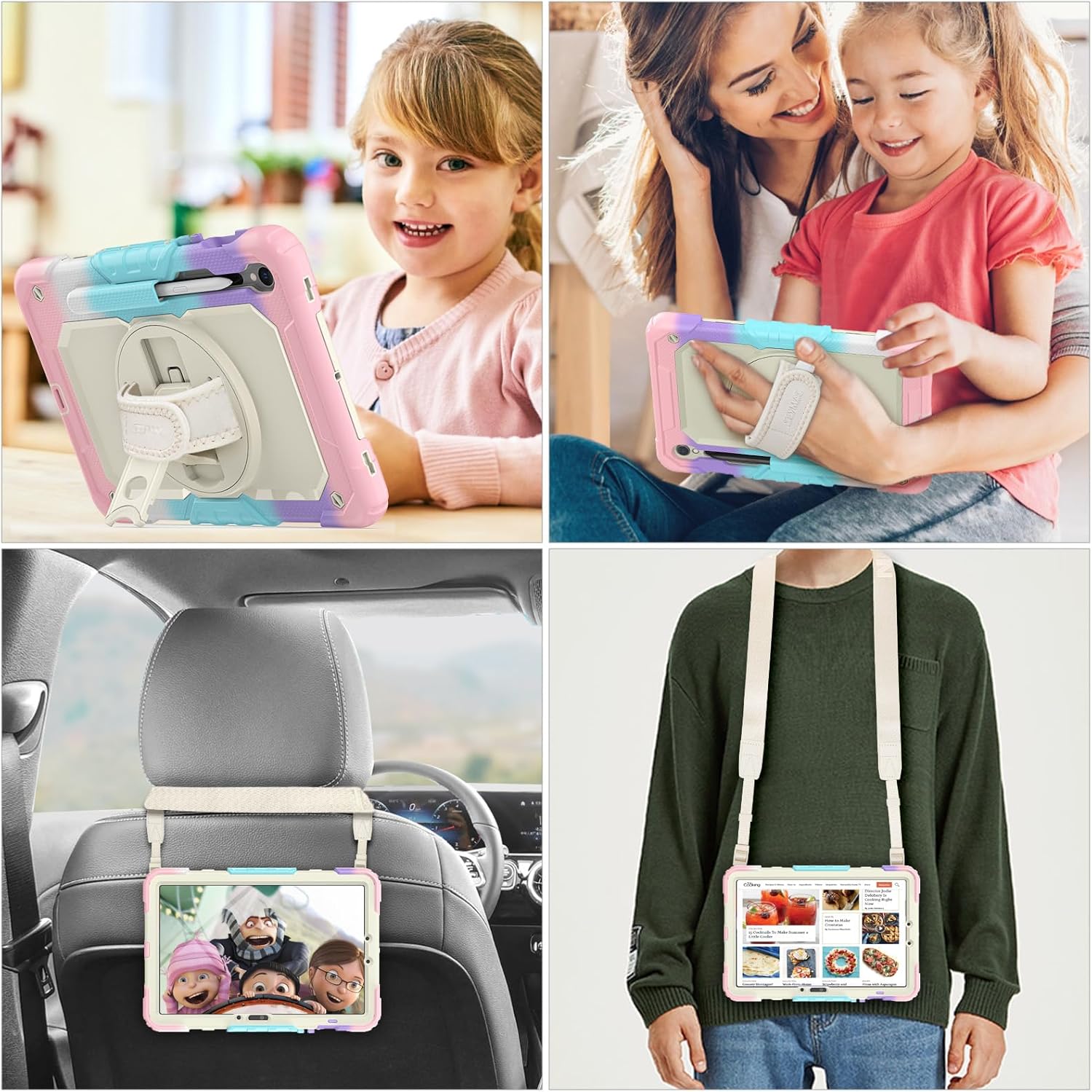 SEYMAC stock Case for Samsung Galaxy Tab S10 FE / S9 / S9 FE 5G Tablet Case Protective with Screen Protector, Pencil Holder, 360 Rotate Stand, Hand Strap, Shoulder Strap, Beige+Pink
