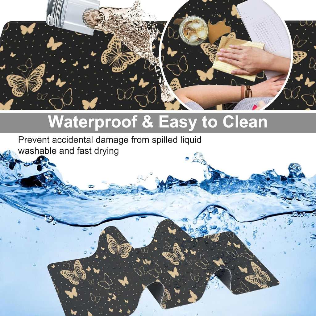 Golden Butterflies Desk Mat,Large Butterfly and Round Spots Gaming Keyboard Mouse Pad,Non-Slip Rubber Base Desk Pad Thick Stitched Edges Waterproof Mousepad Mouse Mat 31.5"x11.8"