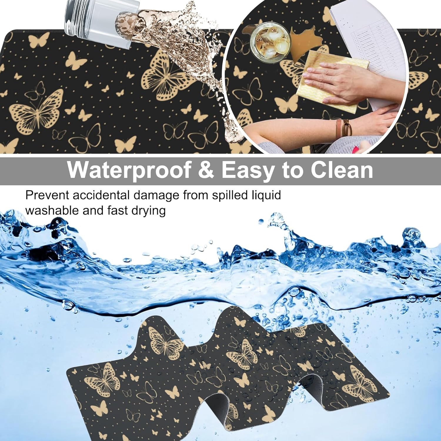 Golden Butterflies Desk Mat,Large Butterfly and Round Spots Gaming Keyboard Mouse Pad,Non-Slip Rubber Base Desk Pad Thick Stitched Edges Waterproof Mousepad Mouse Mat 31.5"x11.8"