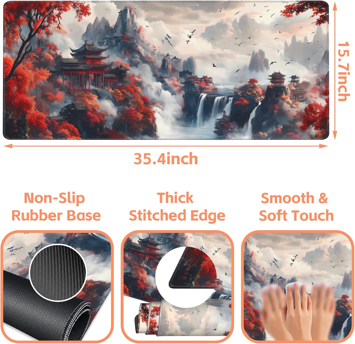 Mouse Pad Large Chinese-Style Landscape Painting Non-Slip Gaming Desk Mat with Stitched Edge Laptop Keyboard Desk Pad for Work Home Gaming (35.4 x 15.7 Inches)