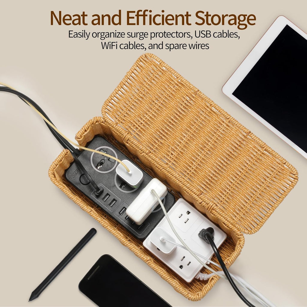 Delamu Handmade Rattan Cable Management Box, Cord Organizer with 2 Open Slots, Desk Cord Box Hider for Computer Router USB Hub Power Strip, 12.5" Lx 5.1" Wx 5.1" H, Natural