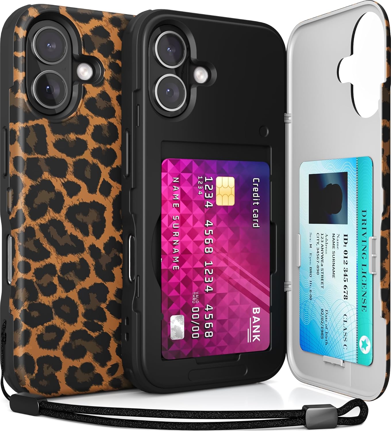 TORU CX Slim for iPhone 16 Case Wallet | Protective Shockproof Heavy Duty Cover with Hidden Card Holder & Card Slot | Mirror & Wrist Strap Included - Leopard