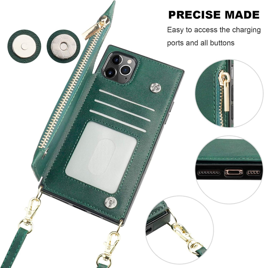 Bocasal Crossbody Wallet Case for iPhone 11 Pro Max with Card Holder,Zipper Card Slot Protector Shockproof Purse Cover with Removable Cross Body Strap 6.5 Inch(Green)