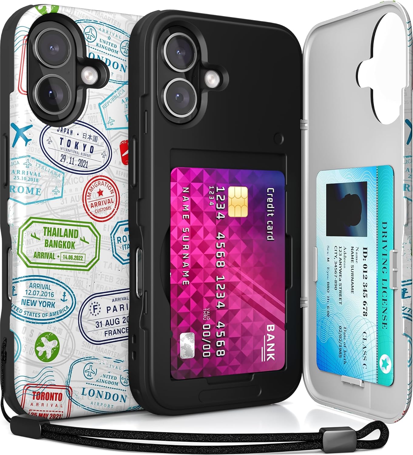 TORU CX Slim for iPhone 16 Case Wallet | Protective Shockproof Heavy Duty Cover with Hidden Card Holder & Card Slot | Mirror & Wrist Strap Included - Travel Stamps