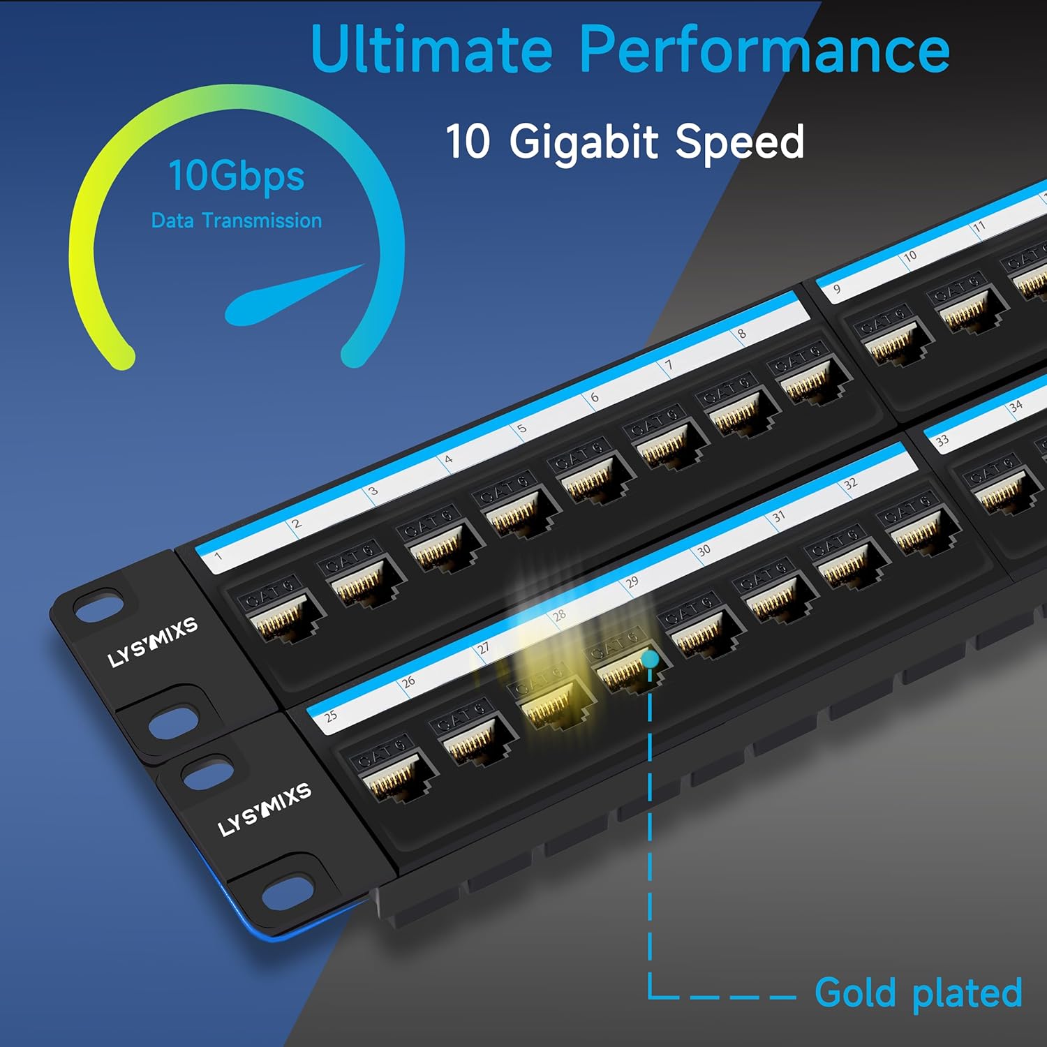 48 Port RJ45 Cat6 Patch Panel, 19 Inch, Black, Easy Install & Repair, Gold Plated Keystone, Rack Mountable