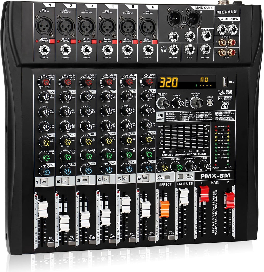 Audio Mixer 6 Channel Professional Mixer Console with 320 DSP Effects, 7-band EQ Sound Mixing Board Digital DJ Mixer w/USB Bluetooth MP3 for Recording, Independent 48V Power & Mute Button