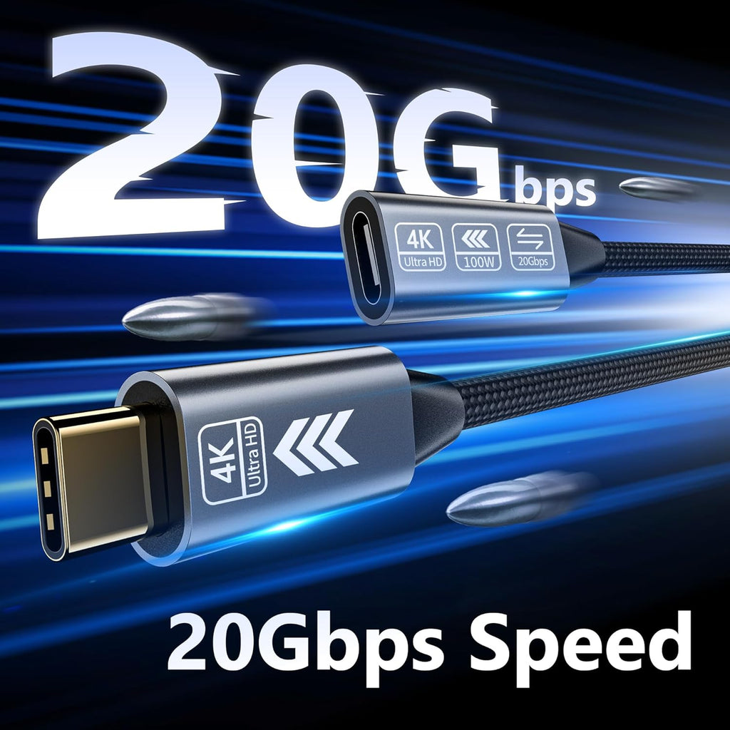 USB C Extension Cable 20FT, 20Gbps/100W USB3.2 Type C Extender Cord, 4K@60Hz Video Output Nylon Braided USB C Male to Female Extension Charging Cable Compatibility with Thunderbolt 4/3