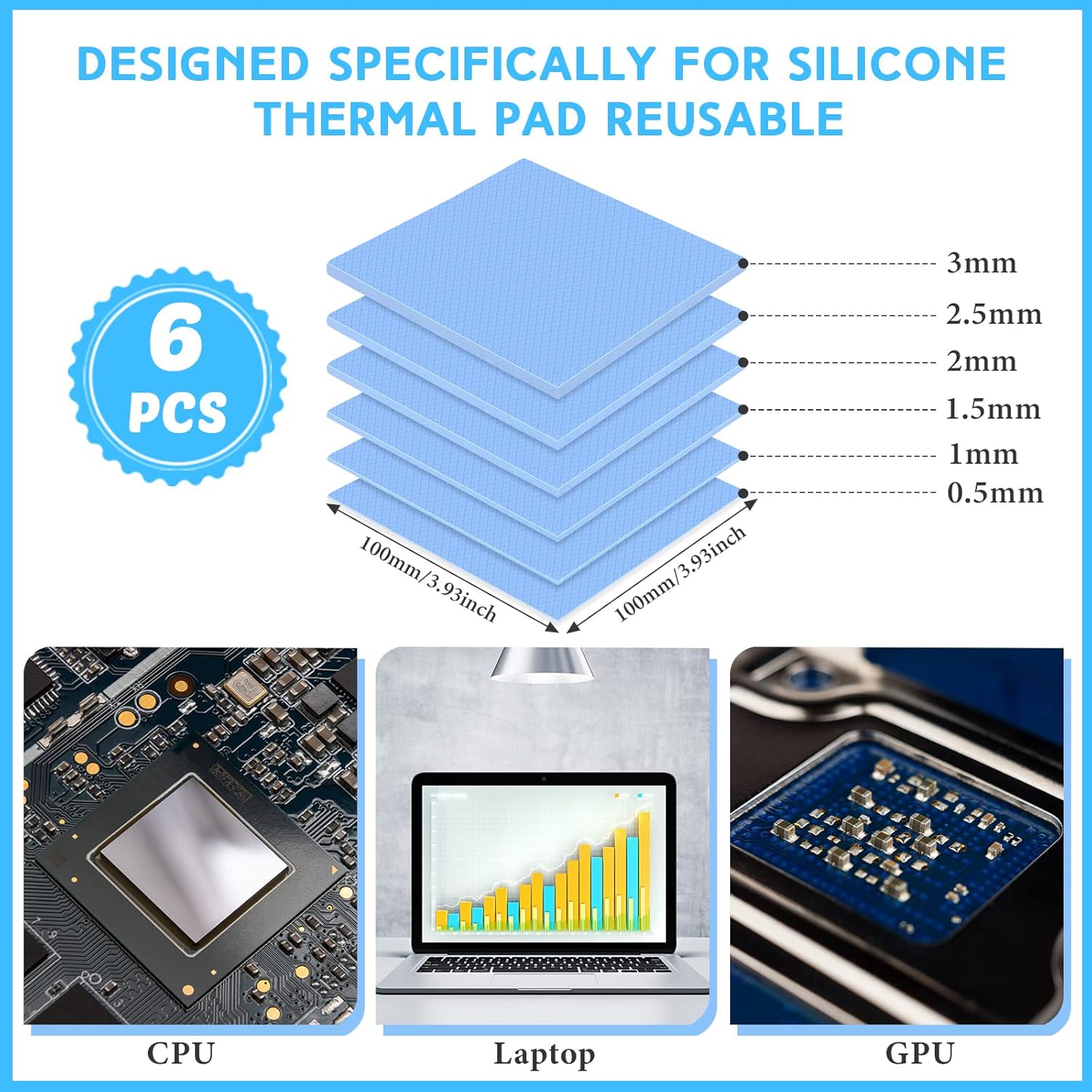 Frienda 6 Pcs Thermal Pad 100 x 100 mm, 0.5 mm, 1 mm, 1.5 mm, 2 mm, 2.5 mm, 3 mm Heat Resistant Conductive Silicone Thermal Pads Conductivity 6.0 W/M for Laptop Heatsink CPU GPU LED Cooler(Blue)