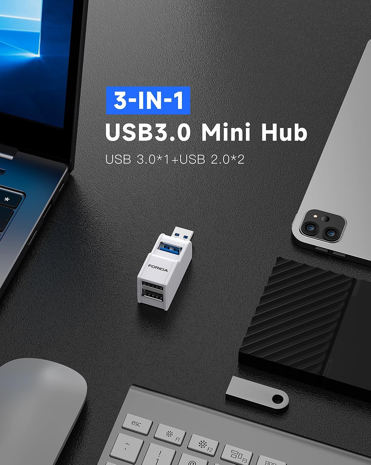 Mini USB Hub 3-Port USB Splitter 1 in 3 Out, USB Expander Adapter with USBA 3.0 Data Transfer Port, 2 USB 2.0 Ports Hub, USB Dongle for PC, Laptops, Keyborad, Mobile Hard Disk and More(White)