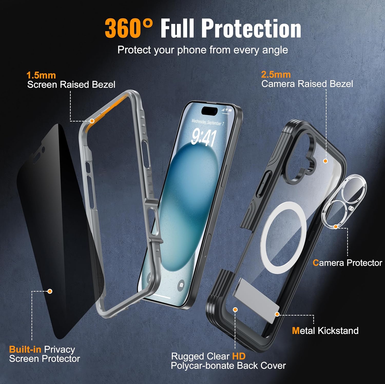 Magnetic & Stand for iPhone 16 Plus Case Built-in Privacy Screen Protector[360° Full Body Protection][Fit for Magsafe][Lens Protector] Heavy Duty Shockproof Phone Case for iPhone 16 Plus Black