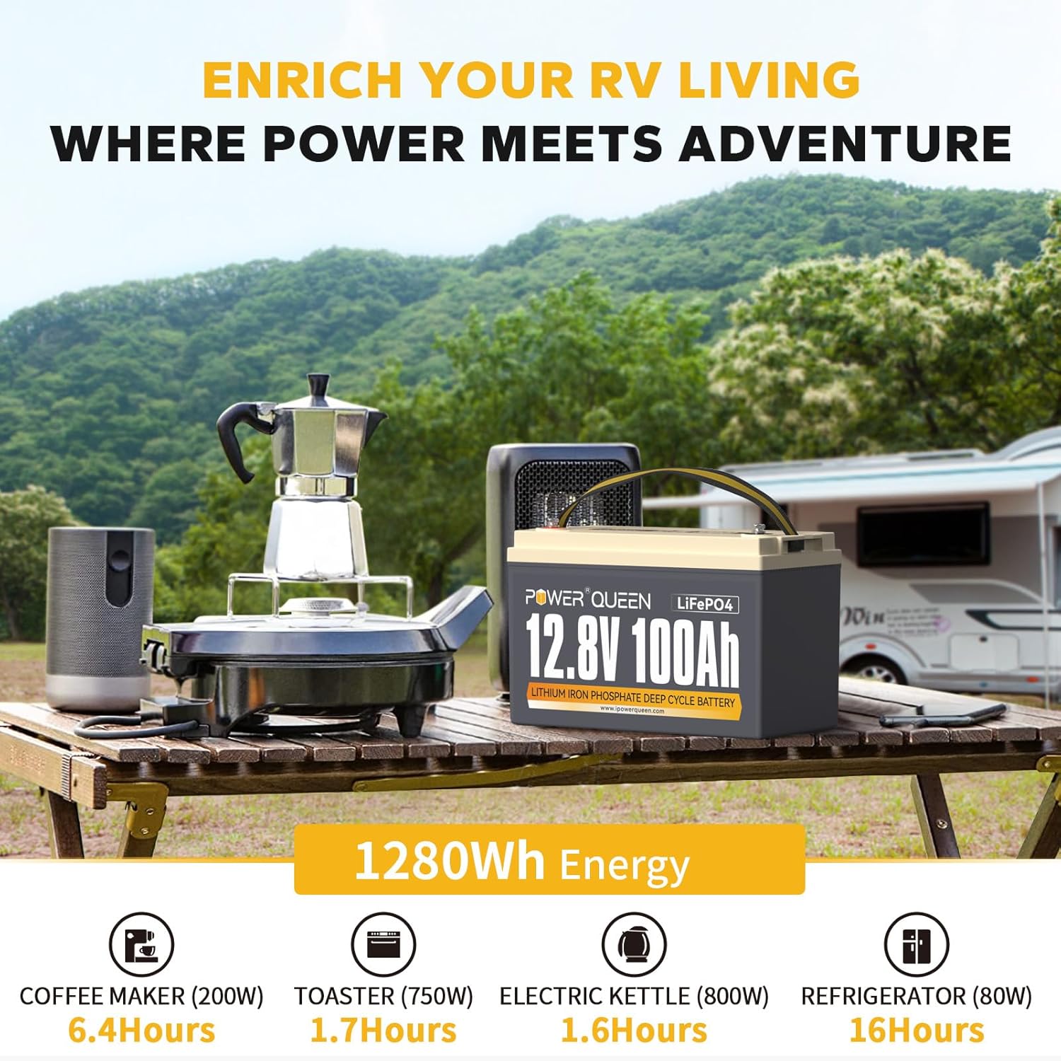 Power Queen 12.8V 100Ah LiFePO4 Battery with 14.6V 20A LiFePO4 Battery Charger; Built-in 100A BMS, Fast and Fully Charged, 4000+ Cycles, Perfect for RV, Trailer, Camping, Solar System
