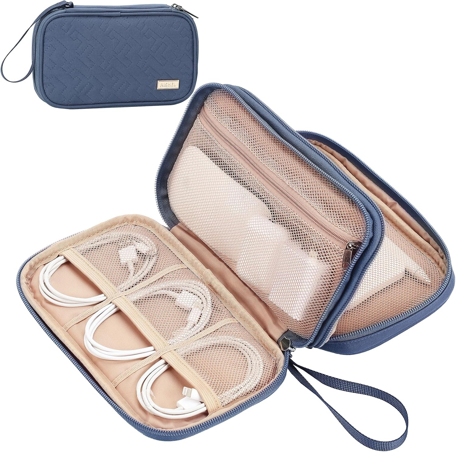 NISHEL Travel Cord Organizer Case, Double Layers Tech Electronic Bag, Essentials for Charger, Cable, Phone, Flash drive, Aegean-Blue