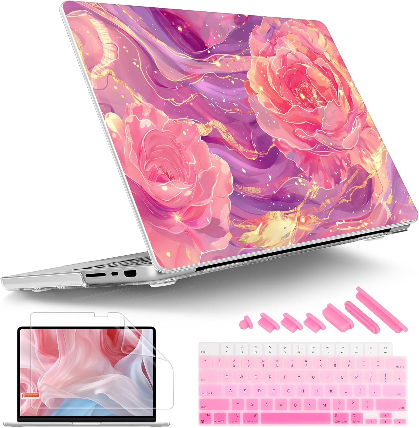 Tuiklol for MacBook Pro 14 Inch Case 2024-2021 Release M4 A3112 A3401 A3185/M3 A2918 A2992/M2 A2779/M1 A2442 Pro/Max,Hard Shell Case with Keyboard Cover & Screen Protector for Touch ID,Pink Roses