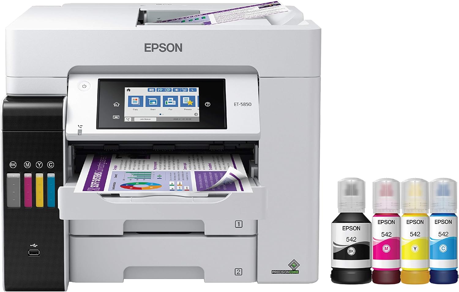Epson EcoTank Pro ET-5850 Wireless Color All-in-One Supertank Printer, White & T522 EcoTank Ink Ultra-high Capacity Bottle Color Combo Pack (T522520-S)