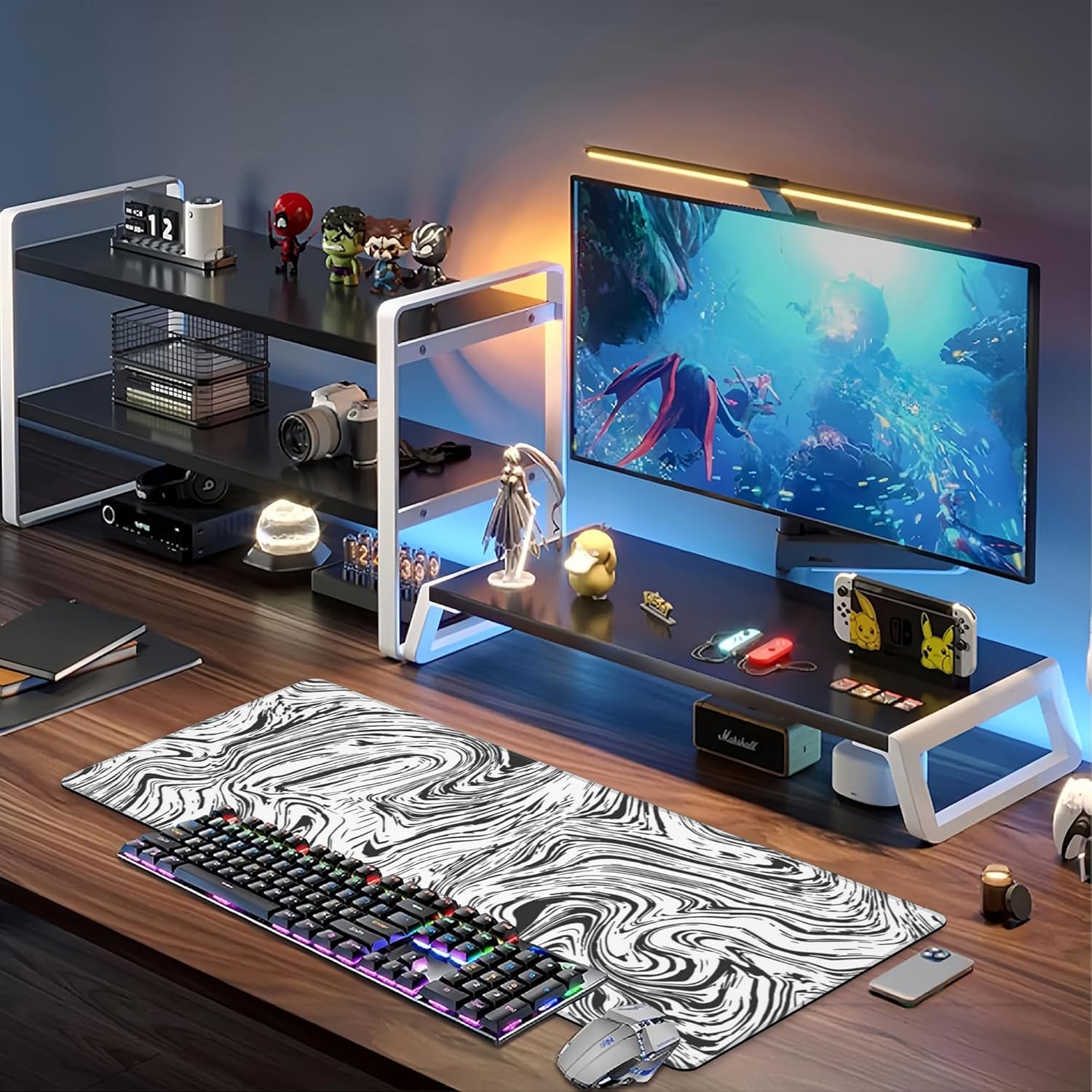 Black and White Marble Desk Mat,Large Abstract Marble Texture Gaming Keyboard Mouse Pad,Non-Slip Rubber Base Desk Pad Thick Stitched Edges Waterproof Mousepad Mouse Mat 31.5"x11.8"