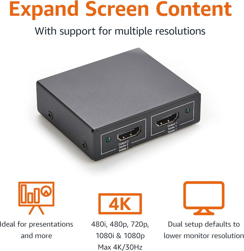 Amazon Basics HDMI Splitter 1 in 2 Out, 4K@30Hz for Dual Monitors, Mirror Only, Black