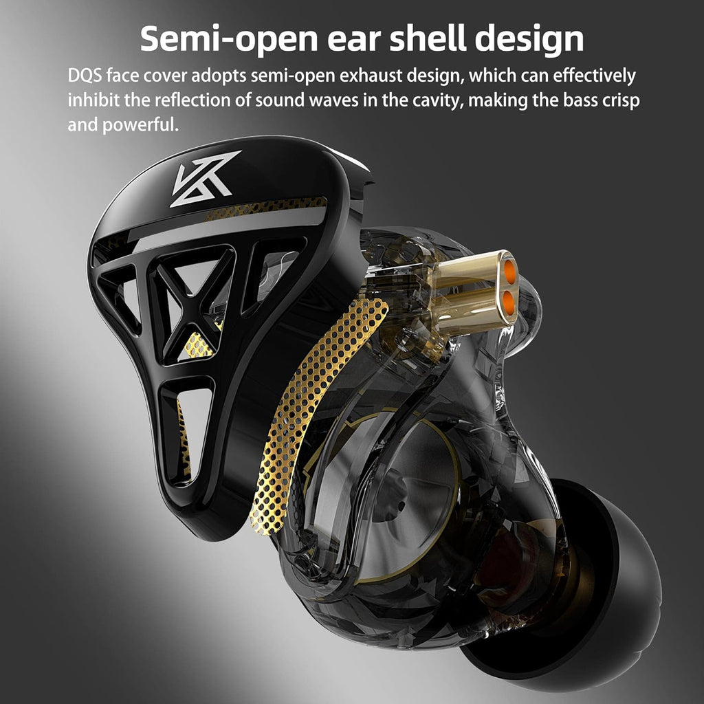 KZ DQS in Ear Monitor Headphones,Dynamic Driver Semi-Open HiFi Bass Earbuds Earphones with Detachable Cable Noise Isolating Earbuds 3.5MM Jack Plug for Smartphones/PC/Laptop/Tablet(Black,Without Mic)