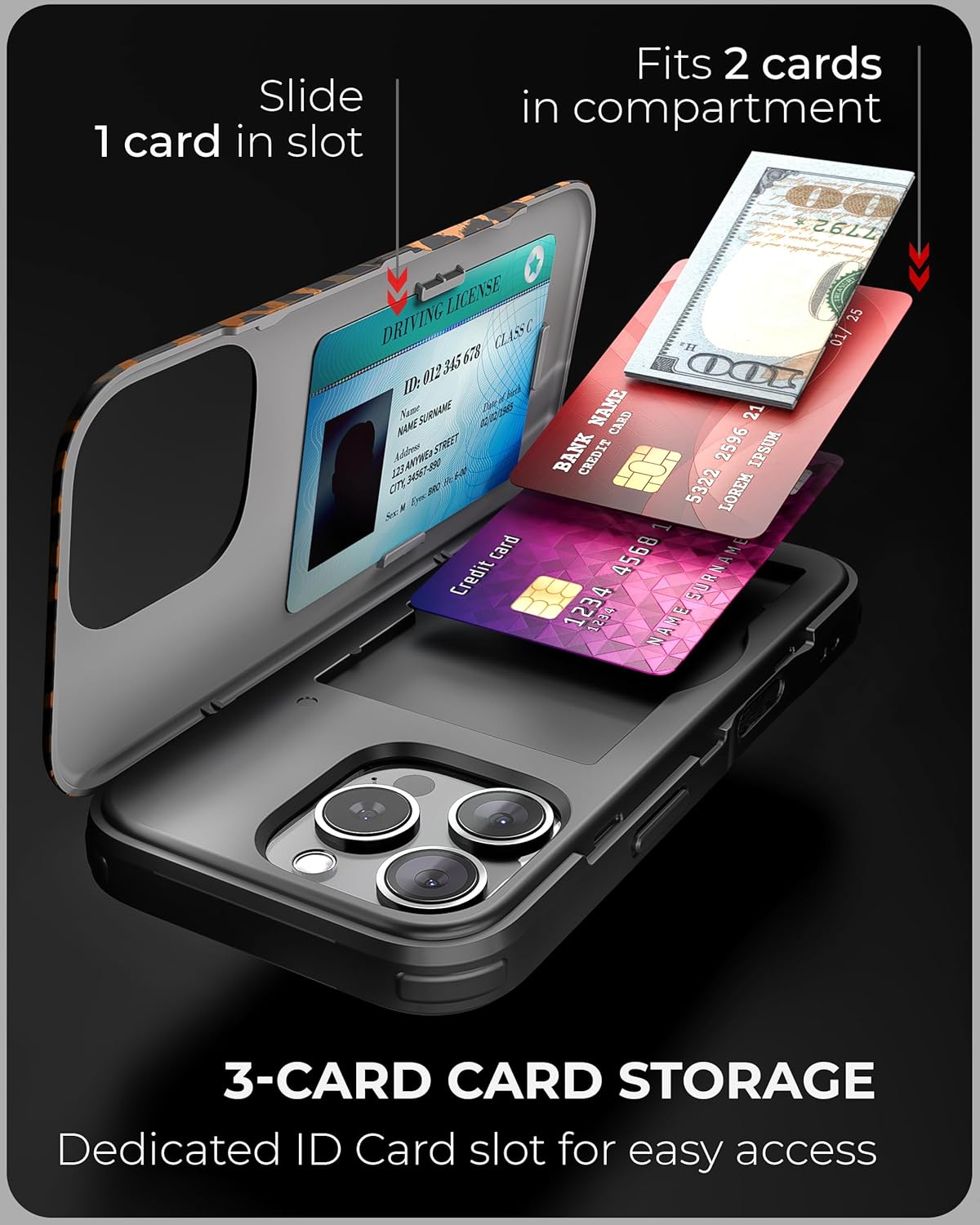 TORU CX Slim for iPhone 16 Pro Case Wallet | Protective Shockproof Heavy Duty Cover with Hidden Card Holder & Card Slot | Mirror & Wrist Strap Included - Leopard