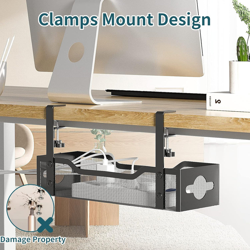 Litwaro Under Desk Cable Management Tray 2 Pack, No Drill, Organizer with Clamp Easy to Install for Standing Cord Organizer, Wire Damage Desk, Black, 13.38''-2 pack