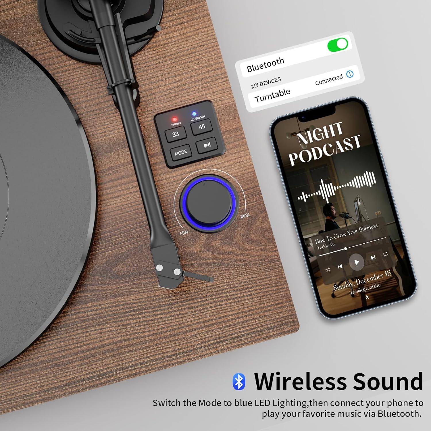 Bluetooth Turntable HiFi System with 36 Watt Bookshelf Speakers, Patend Designed Vinyl Record Player with Magnetic Cartridge, Bluetooth Playback and Auto Off