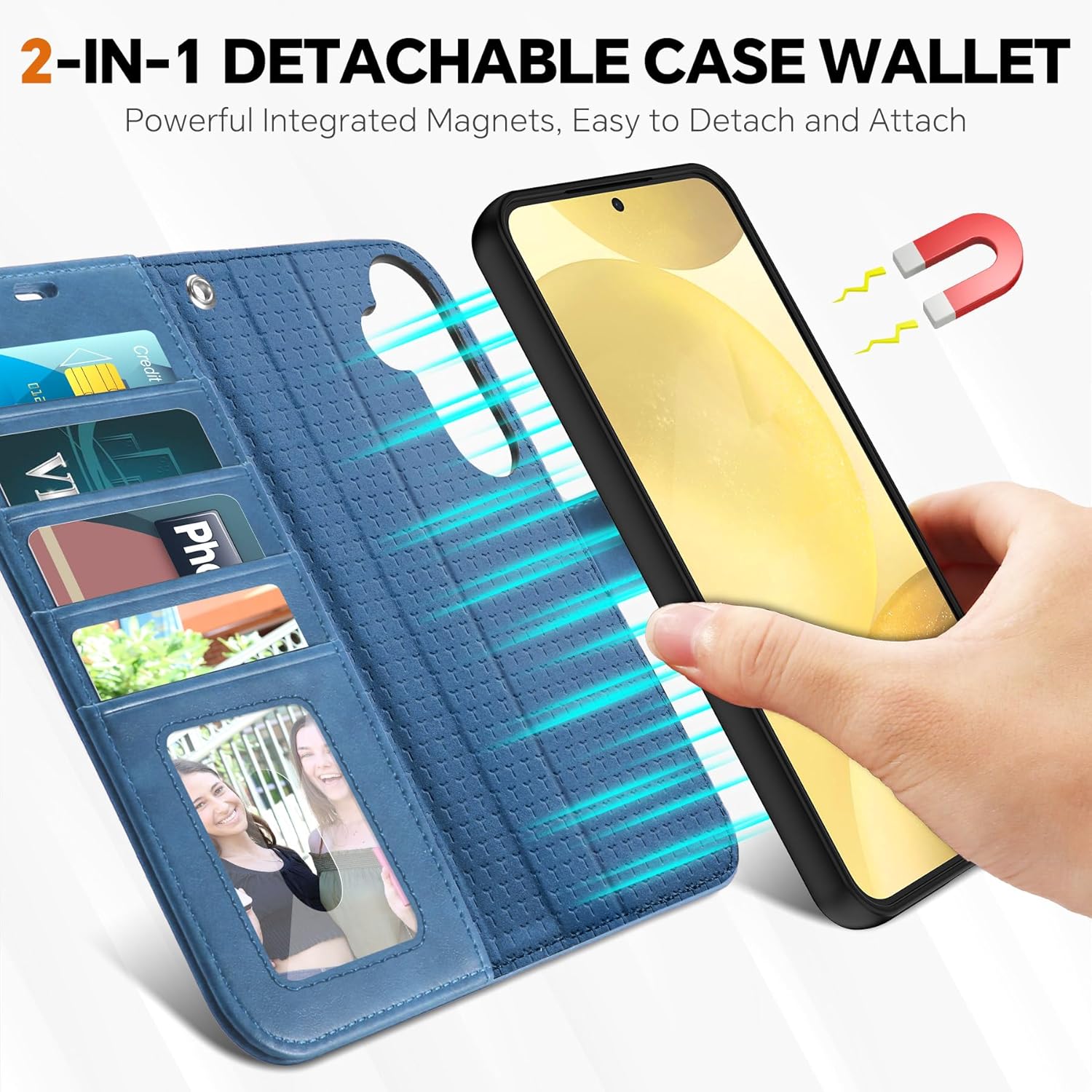 TUCCH Case Wallet for Galaxy S25, Removable [2 in 1] [Wireless Charging] Wrist Strap PU Leather Magnetic Stand RFID Blocking [4 Card Slots] Detachable Protective Folio for Galaxy S25 6.2", Light Blue