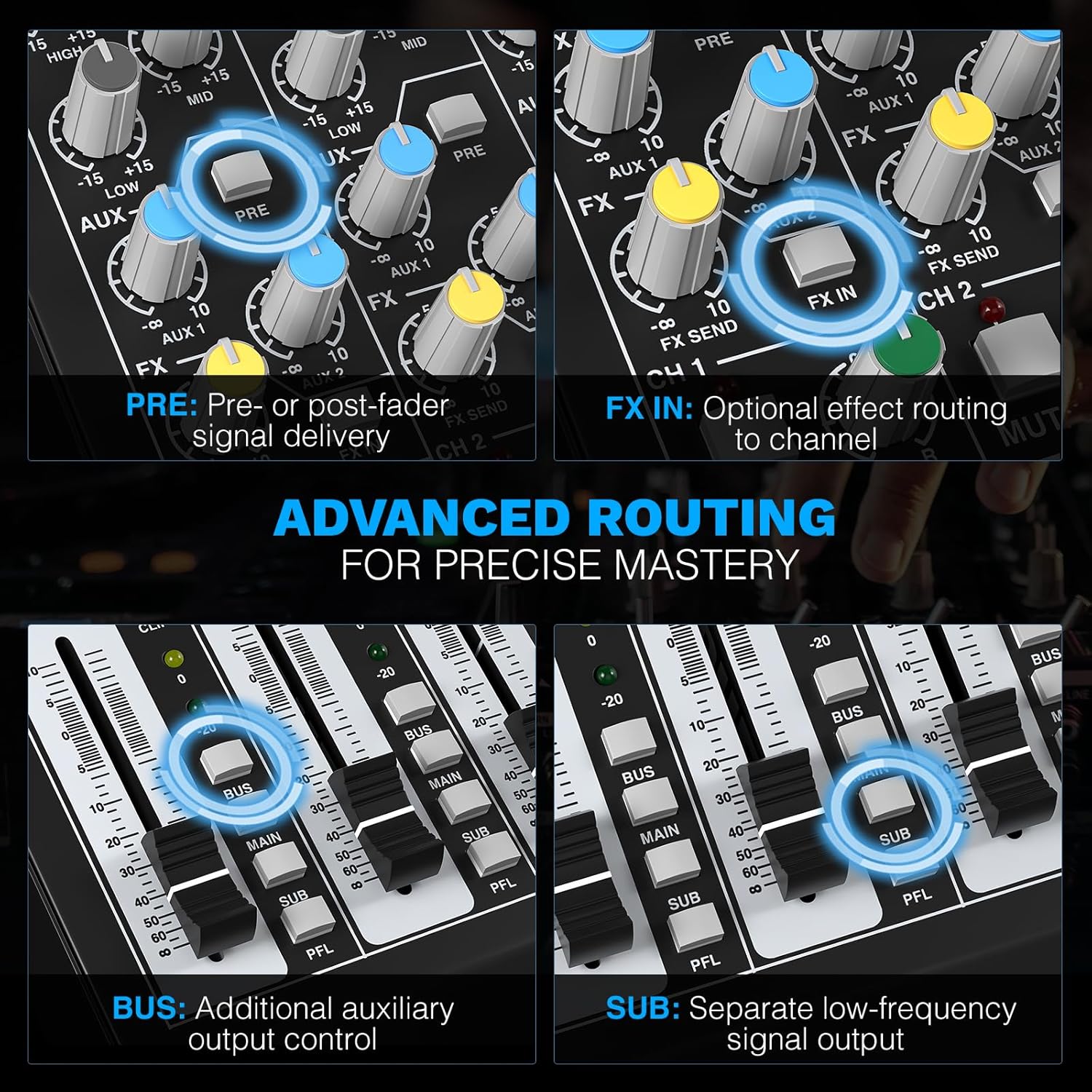 Professional 8-Channel Audio Mixer, Phenyx Pro DJ Sound Mixer Board w/Flexible AUX, BUS, SUB Routing, 16 DSP, BT Streaming & USB-B PC Recording, Mixing Console for Stage, Home Studio (PTL-800)