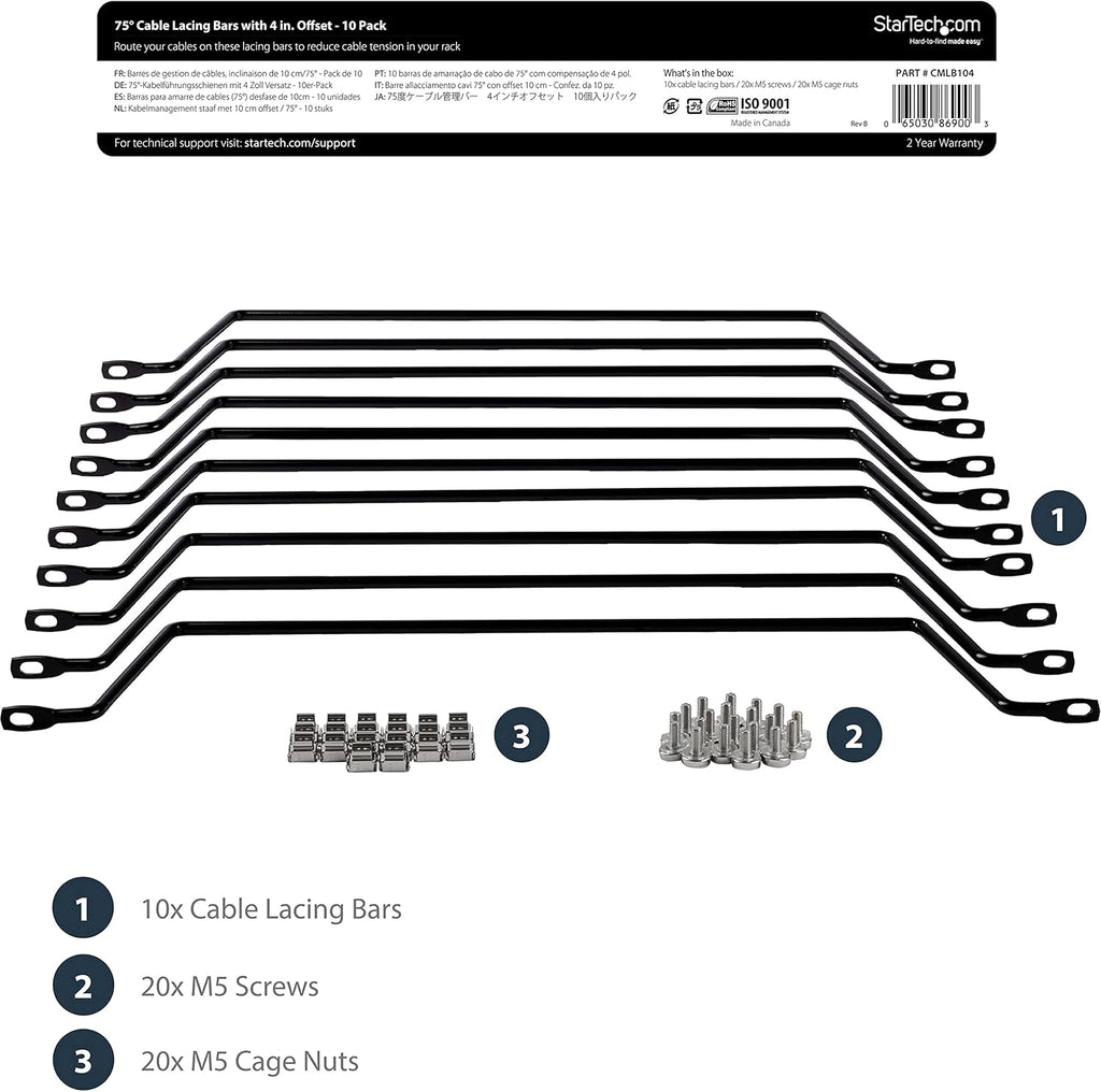 StarTech.com Horizontal Lacing Bar (10 Pack) w/ 4 inch Offset at 75 Degrees- Server Rack Cable Management - 19" Network Rack-Mount Cord Organizer Bars, TAA (CMLB104)