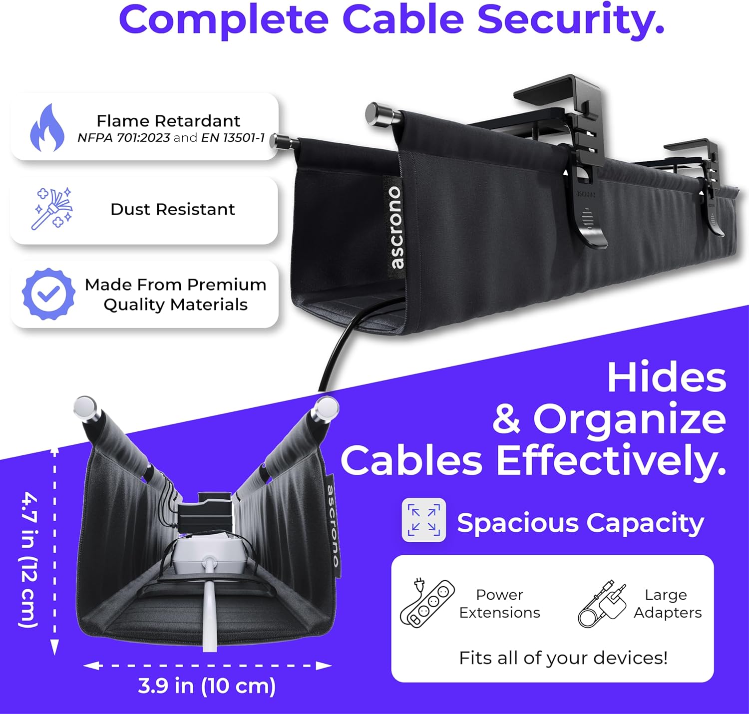 Ascrono Original No Drill Under Desk Cable Management Tray 14.1" - Premium Black Fabric Cable Management Under Desk - Clamp/Screw Mount Cord Organizer - Supports Upto 66lbs