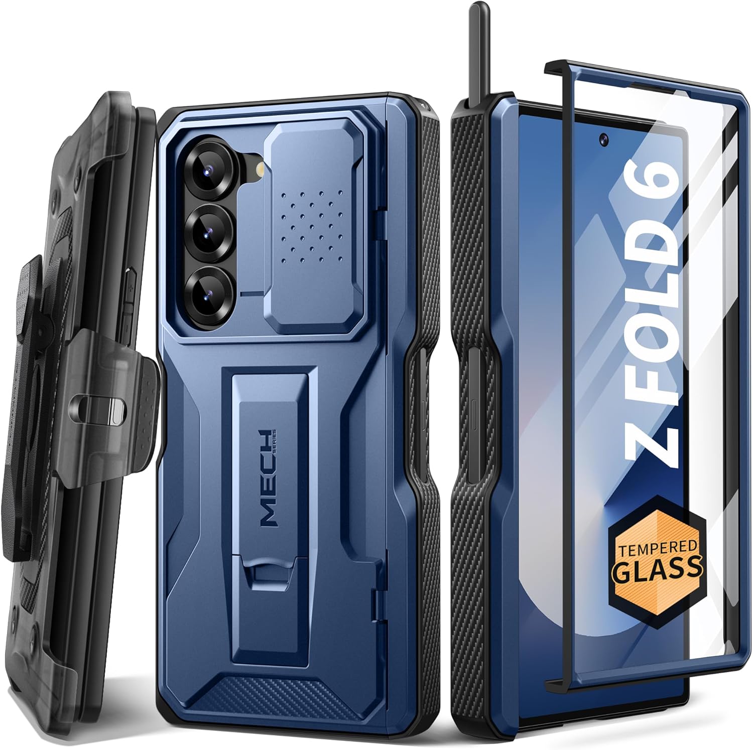 TONGATE for Z Fold 6 Case, [with S Pen Slot & Hinge Protection] [Tempered Glass Screen Protector] Full-Body Military Drop Phone Case for Samsung Galaxy Z Fold 6 with Kickstand & Belt Clip, Blue