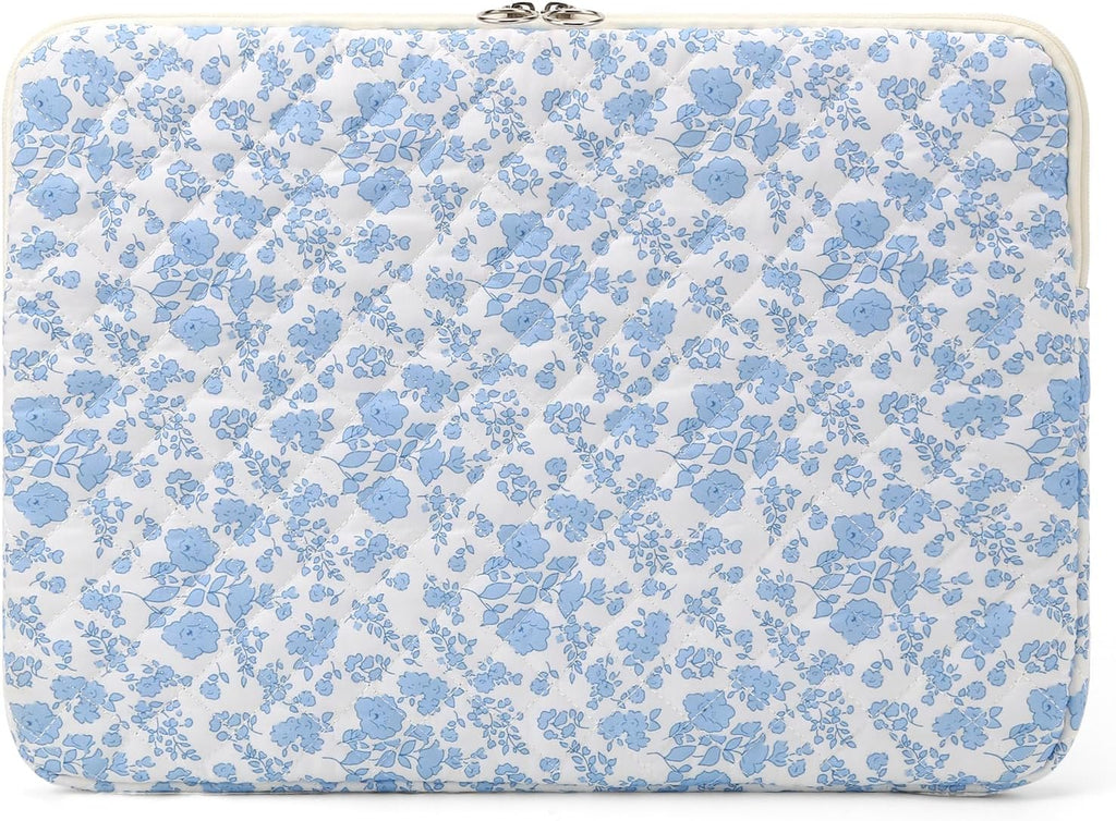 Puffy Laptop Sleeve 13-15.6 Inch Cute Quilted Laptop Protective Case Padded Floral Computer Sleeve for MacBook (B-Blue, 15 Inch)