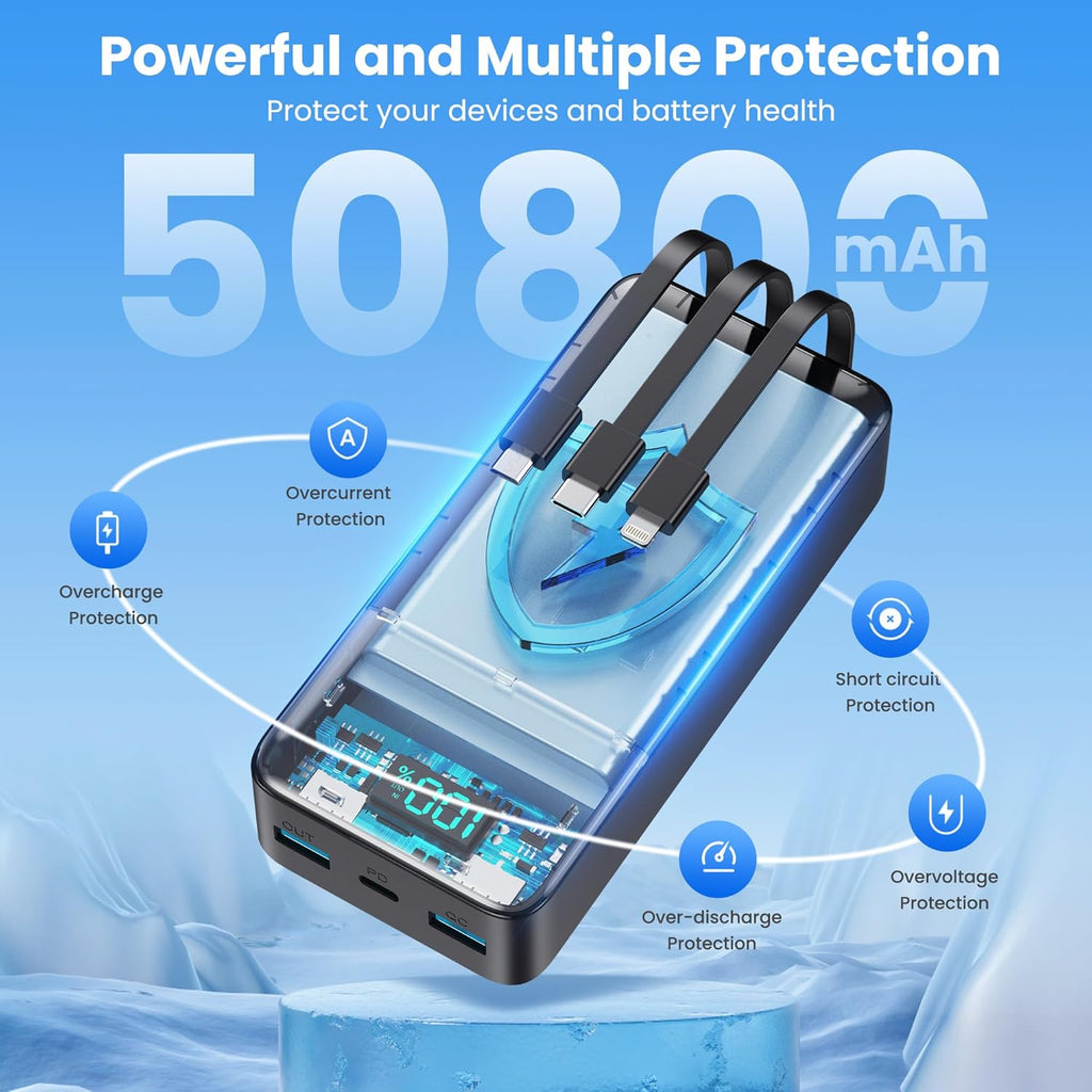 Portable Charger PowerBank 50,800mAh with 3 Built-in Cables,25W PD Fast Charging+QC 4.0 Quick Phone Charging Power Bank, 6 Outputs LCD Display USB C Battery Pack for iPhone 16/15 Android Galaxy etc