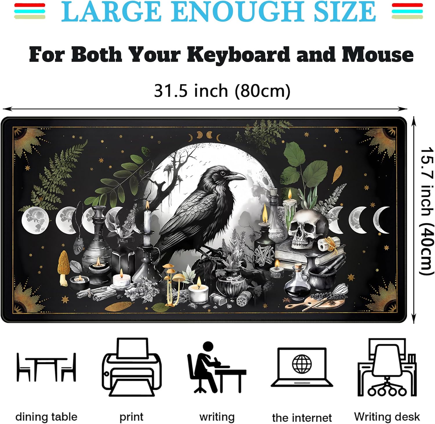 Cute Kawaii Raven Desk Mat XXL Large Extended Gaming Mouse Pad Nature Forest Gothic Mousepad with Stitched Edges, Anime Skull Laptop Keyboard and Mouse Mat Desk Pad for Work Game 31.5x15.7 in