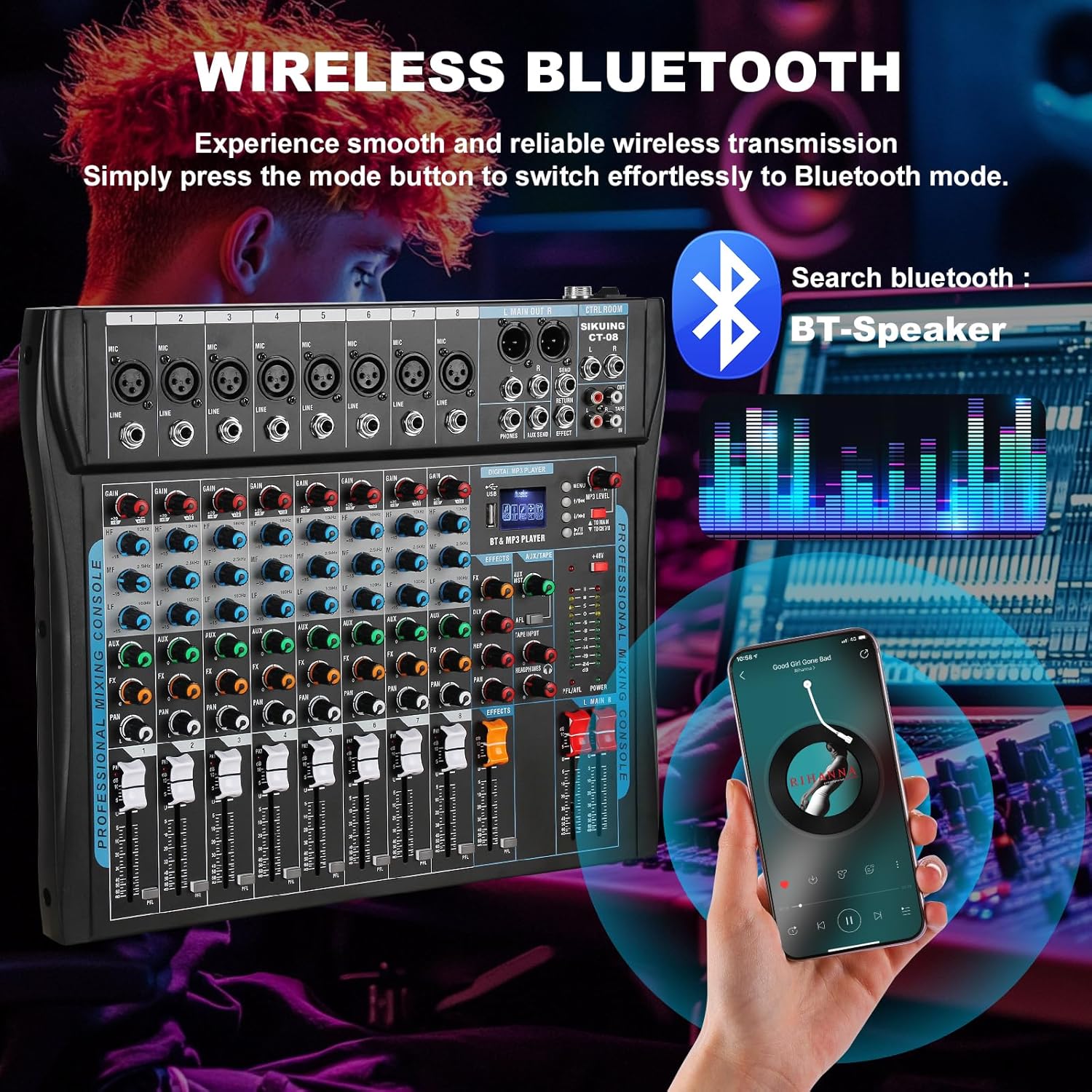 8 Channel Audio Mixer Sound Board Mixer 16 DSP Effect Audio Interfacer w/USB Drive for Computer Recording, 48V Power, XLR Microphone Jack DJ Mixer for Karaoke Studio Streaming Recording