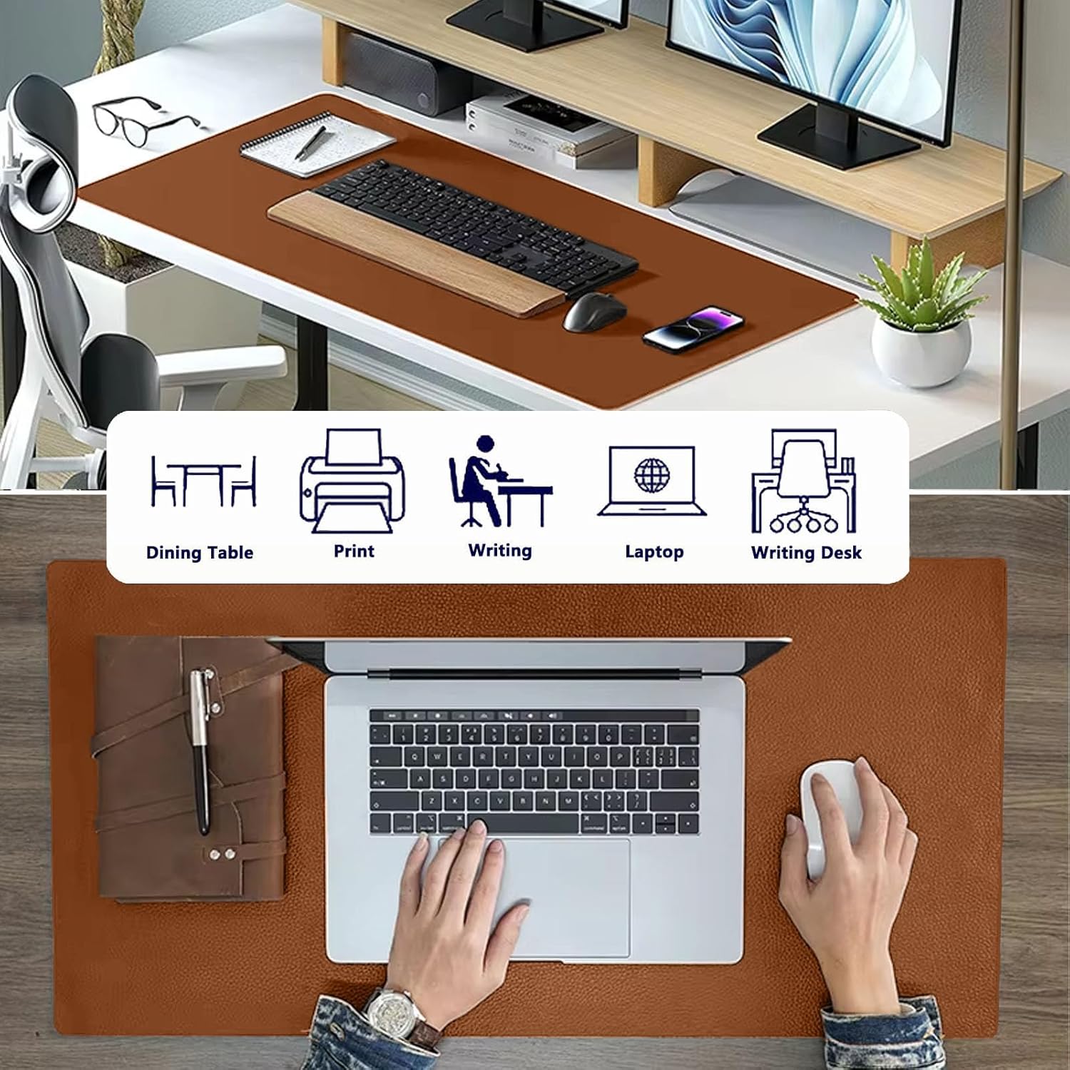 PU Leather Desk Pad Protector Gaming Mouse Pad Non Slip Desk Mat for Keyboard and Mouse Waterproof Desk Writing Pad for Office and Home Desk Accessories(Brown, 35.4 * 17.7)