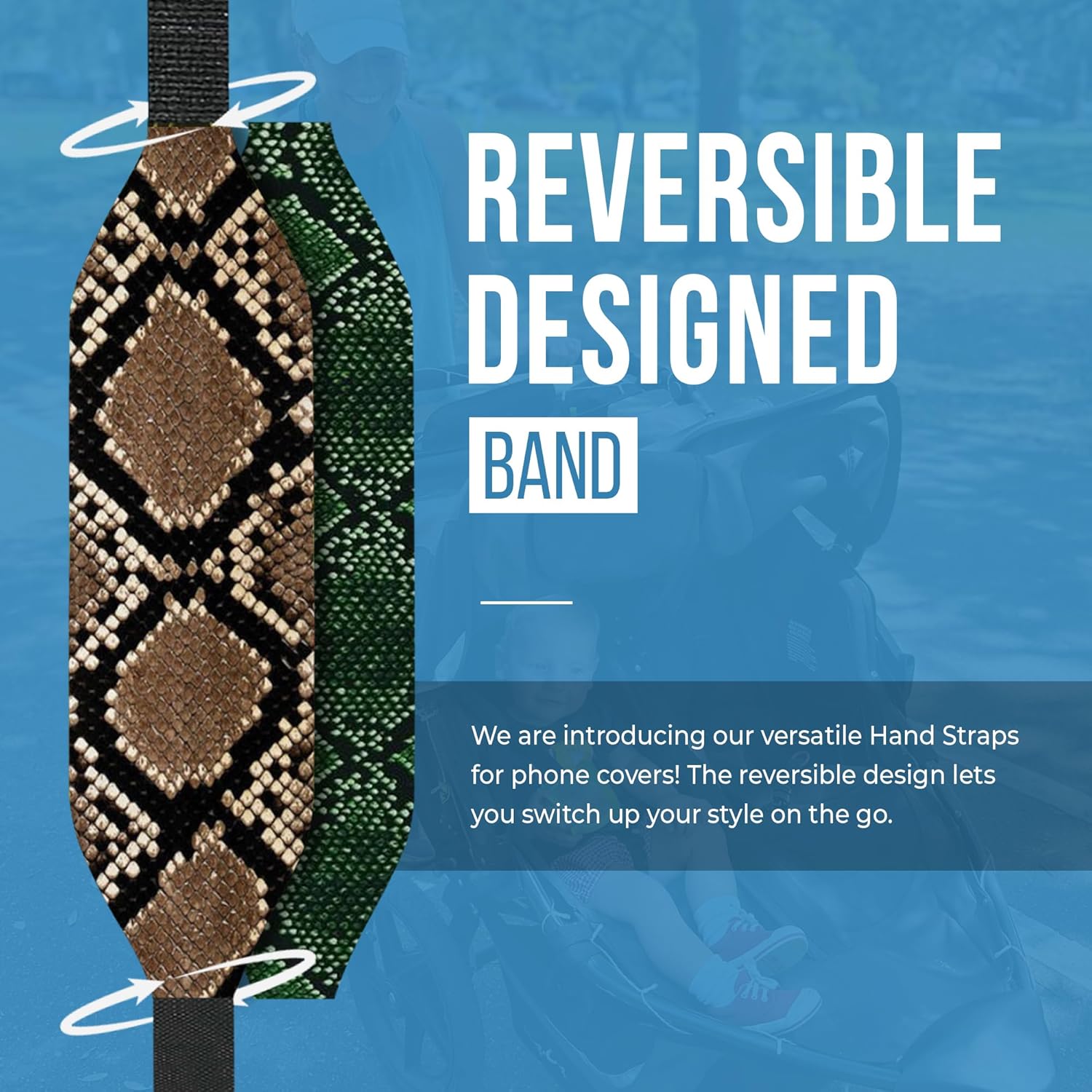 Phone Grip Strap - Pack of 2 Reversible Finger Holder for Phone Back, Customizable Anti-Slip Design, Wireless Charging Compatible Detachable Holder for iPhone - Brown & Green Snake Skin