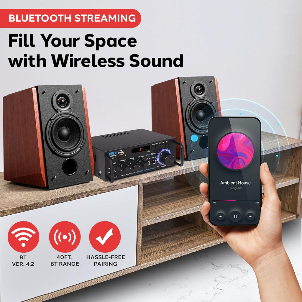 Pyle 200W Wireless Bluetooth Stereo Power Amplifier - 2-Channel Audio Receiver with RCA - USB - SD - MIC IN - FM Radio - Remote Control - AUX Input for Home Theater & Studio Use - PDA29BU.6
