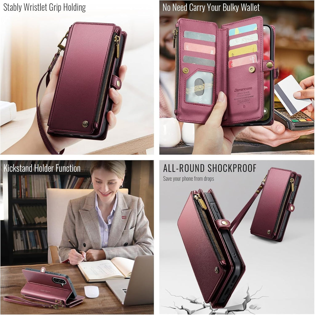 Defencase for Galaxy A26 5G Case Wallet with RFID Blocking Card Holder for Women Men, Fashion PU Leather Magnetic Snap Flip Zipper Wrist Strap Wallet Phone Case for Samsung Galaxy A26 5G, Wine Red