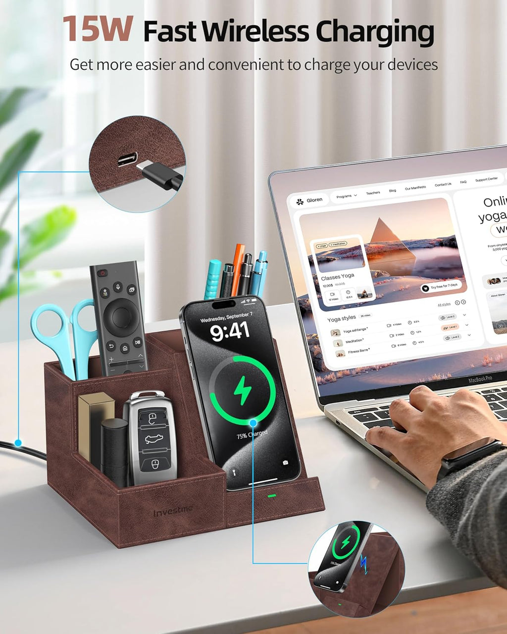 Wireless Charger with Desk Organizer, Pen Pencil Holder, Multifunctional Desktop Organizer, Office Supplies and Desk Accessories Organizer with 3 Compartments and 1 Phone Stand, Dark Brown