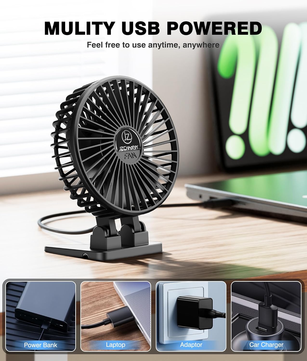 JZCreater USB Desk Fan, Mini Portable, 3 Speeds - Quiet Personal Cooling Fan for Home Desktop Office Travel Bedroom, Deep Black (2Pack)