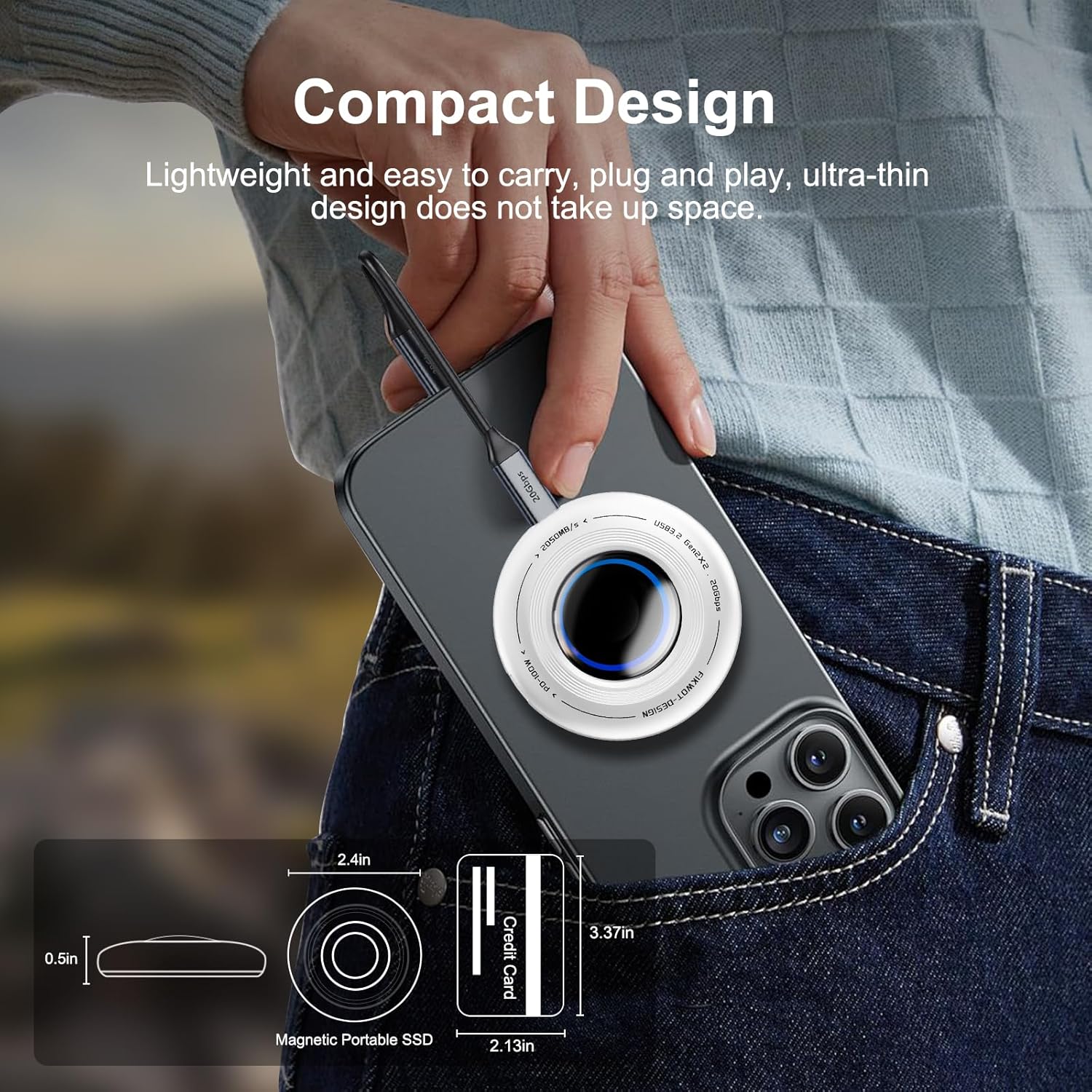 FP108 2TB Magnetic Portable SSD, External Solid State Drives with PD-100W and 2050MB/s USB-C 3.2 Gen 2x2, Play While Charging, Compatible with iPhone 16/15 Pro Max, Android, PC, Mac, Switch Lite