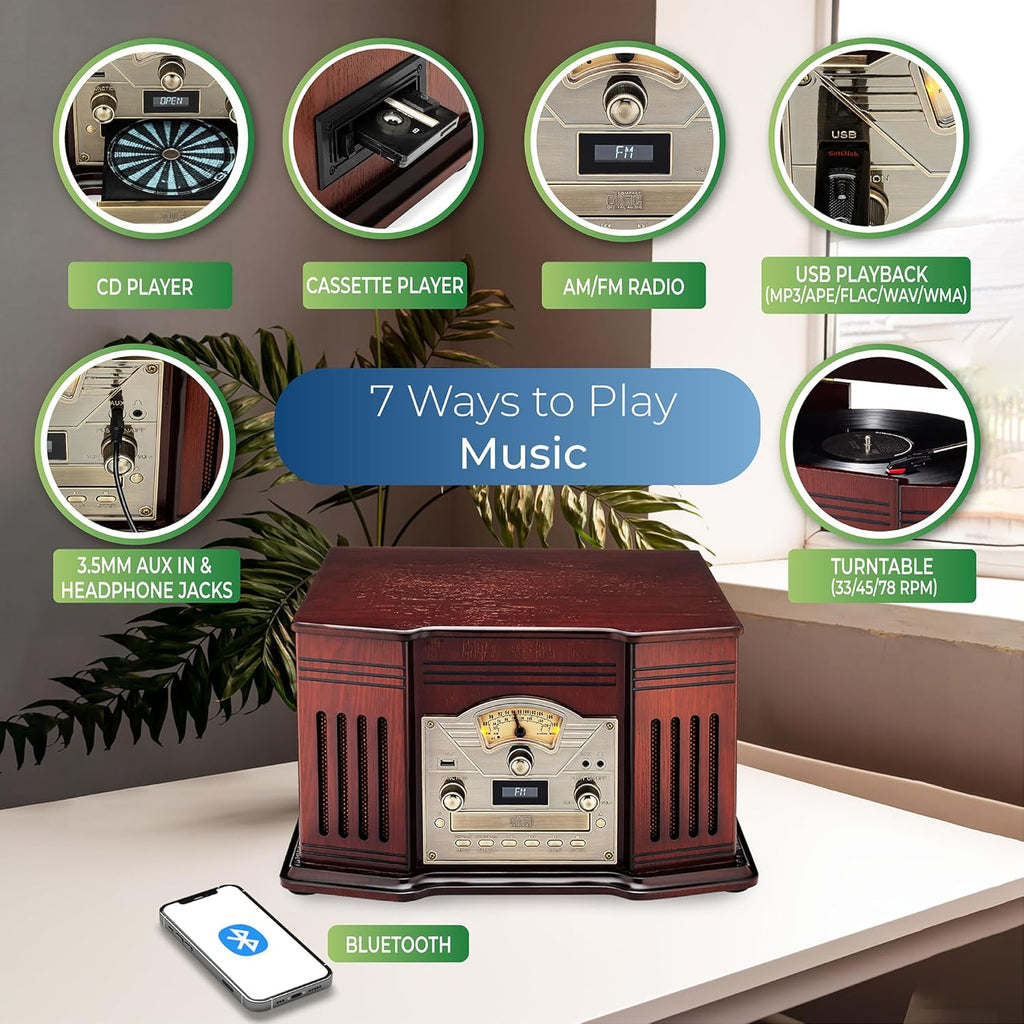 ClearClick All-in-One Turntable with 3-Speed Record Player, Bluetooth, CD, Cassette Tape, AM/FM Radio, Aux, USB, Built-in Speakers, Handmade Wooden Exterior