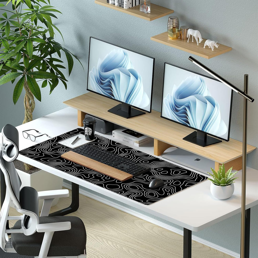 Black and White Topographic Map Gaming Mouse Pad - XXL Extended Desk Mat for Keyboard & Mouse (31.5" x 15.7") with Non-Slip Base & Stitched Edges - Washable Surface for Computer or Gaming Desk