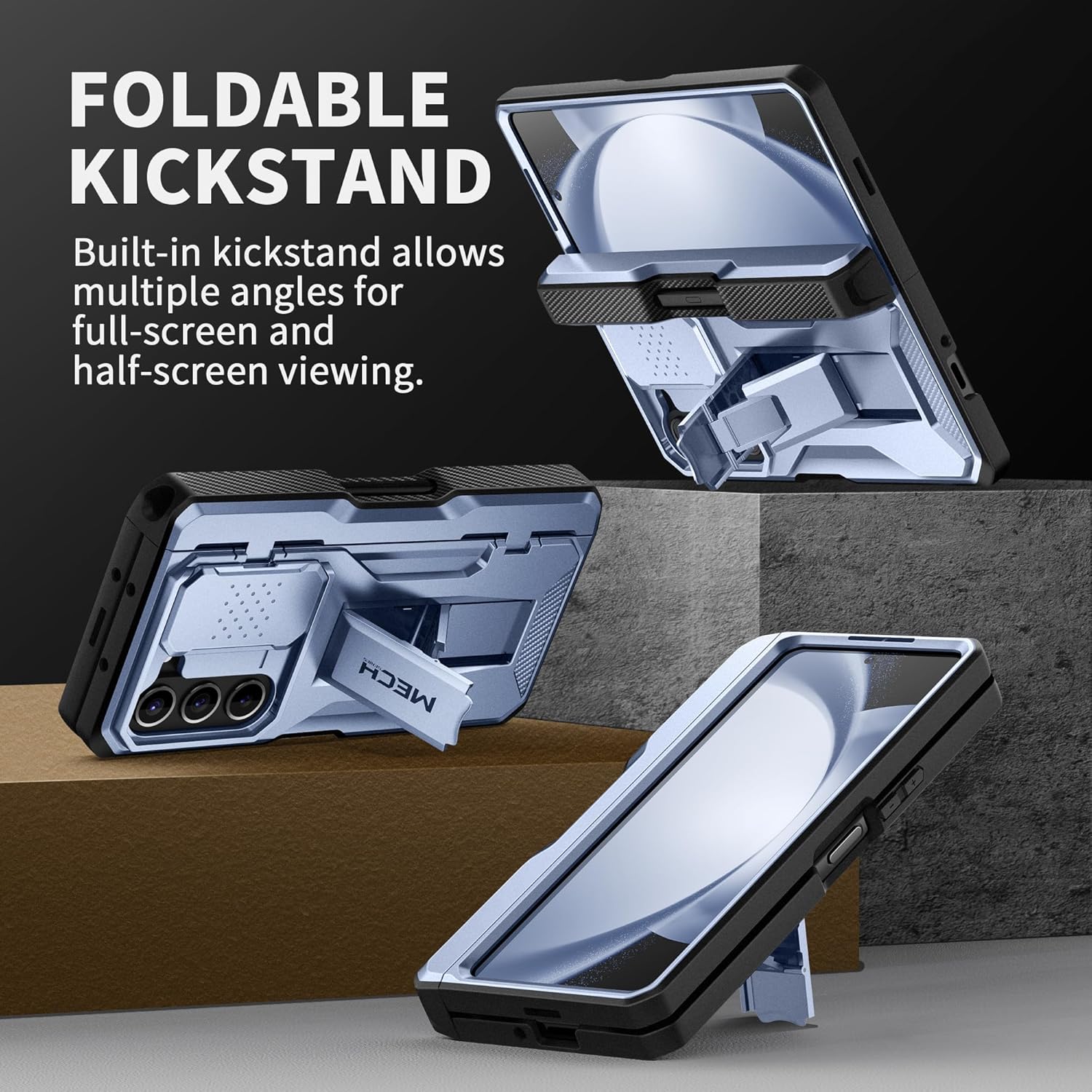TONGATE for Z Fold 5 Case, [with S Pen Slot & Hinge Protection] [Tempered Glass Screen Protector] Full-Body Military Drop Phone Case for Samsung Galaxy Z Fold 5 with Kickstand & Belt Clip, ICY Blue