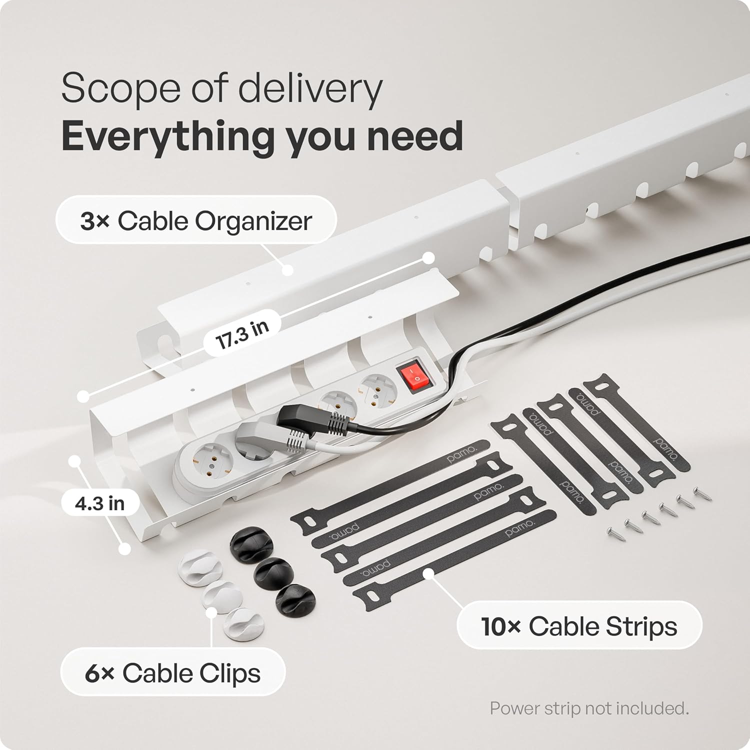 PAMO Cable Management Under Desk for Easy mounting Under-Table I Set of 3 - with 10X Cable Ties I Desk Organizer for Office/Home Office Table Thoughtful Cable Tray Holder