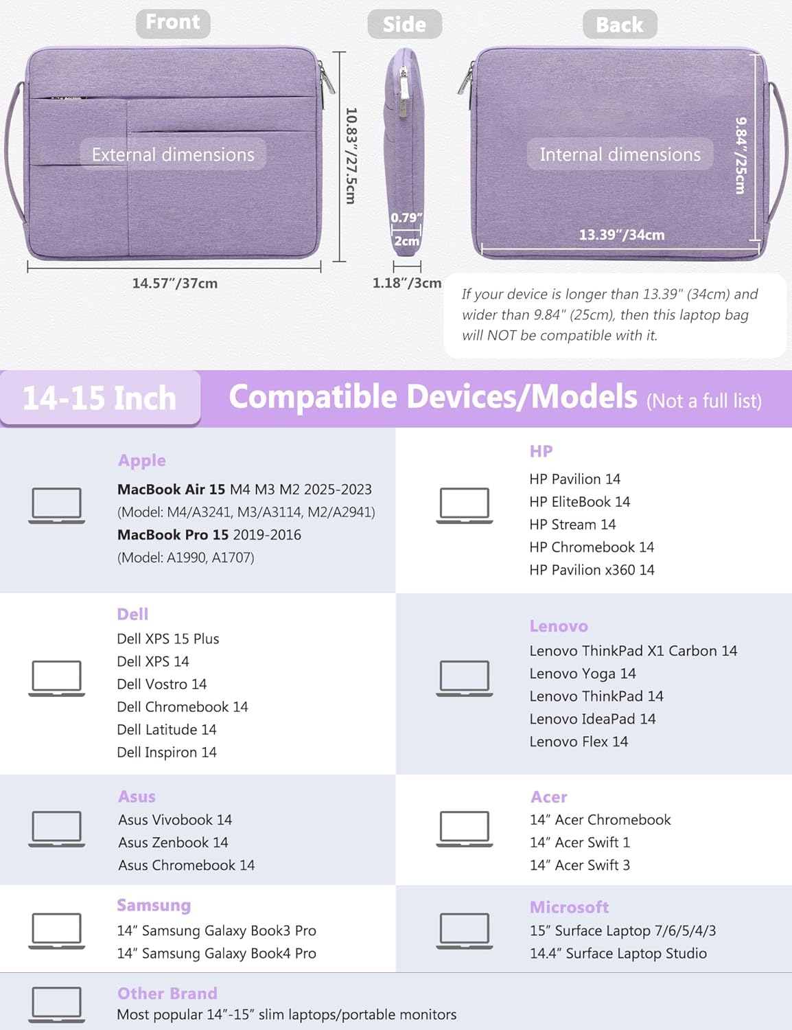 HYZUO 14-15 Inch Laptop Sleeve Bag for MacBook Air 15 M4 M3 M2, MacBook Pro 15, 15" Surface Laptop, XPS 14/15 Plus, Portable NoteBook Case for 14" HP Dell Lenovo ThinkPad Asus, Lilac Purple