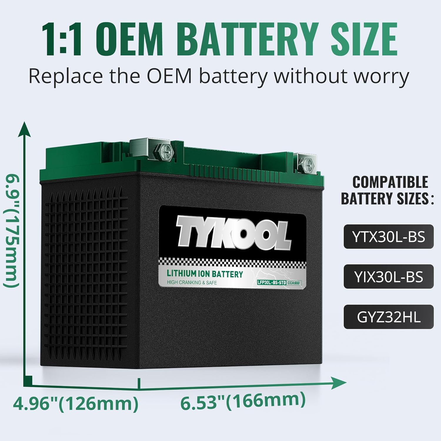 TYKOOL YIX30L-BS-STD (YTX30L-BS),650CCA, Lithium LiFePO4 Motorcycle Battery 12v,Digital Readout,Fits for BMW,Harley Davidson; ATV,UTV,Snowmobile,Compatible for Polaris,BRP (Can-Am),Arctic Cat
