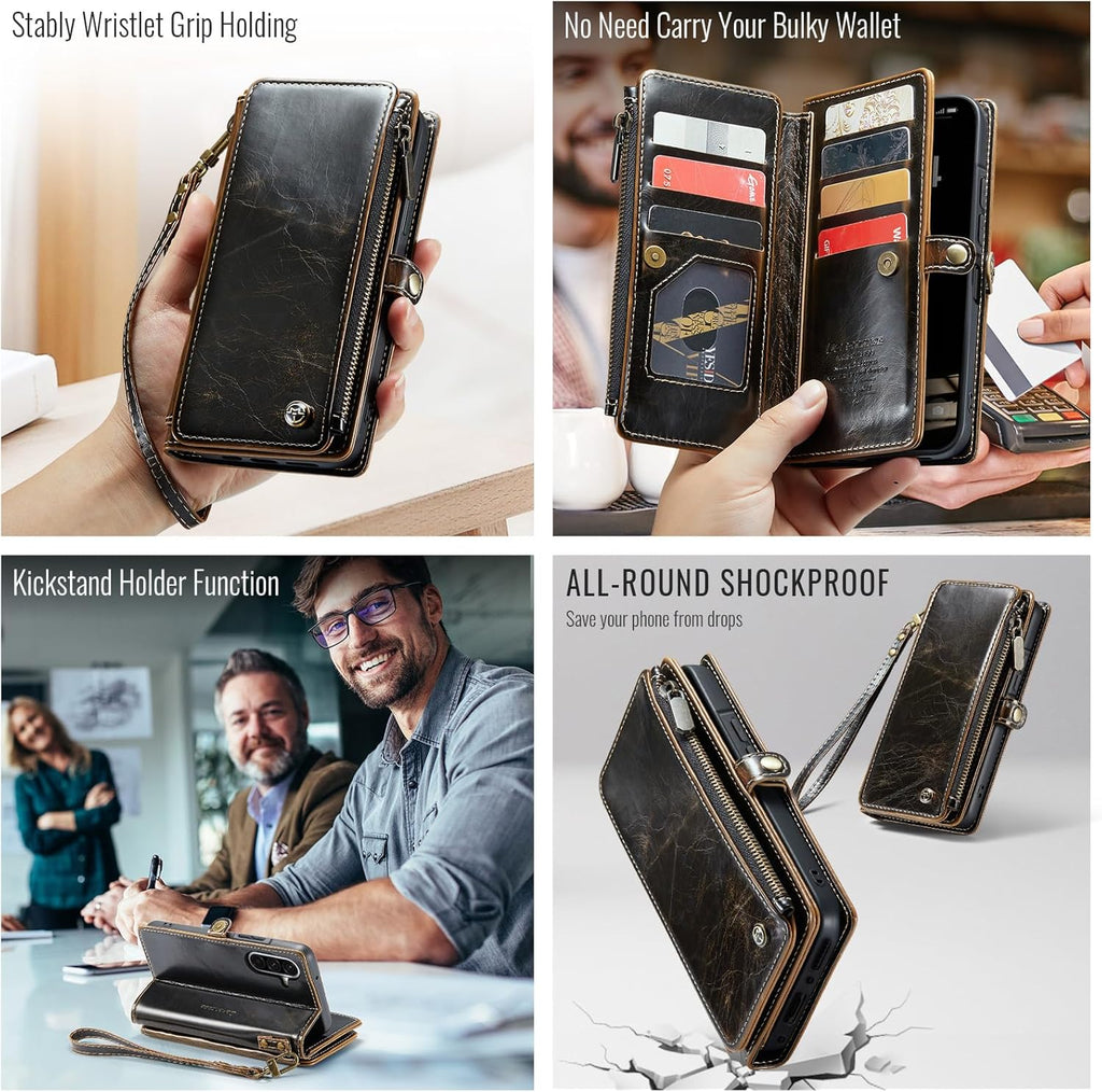 Defencase for Galaxy A26 5G Case Wallet with RFID Blocking Card Holder for Women Men, Fashion PU Leather Magnetic Snap Flip Zipper Wrist Strap Wallet Phone Case for Samsung Galaxy A26 5G, Coffee