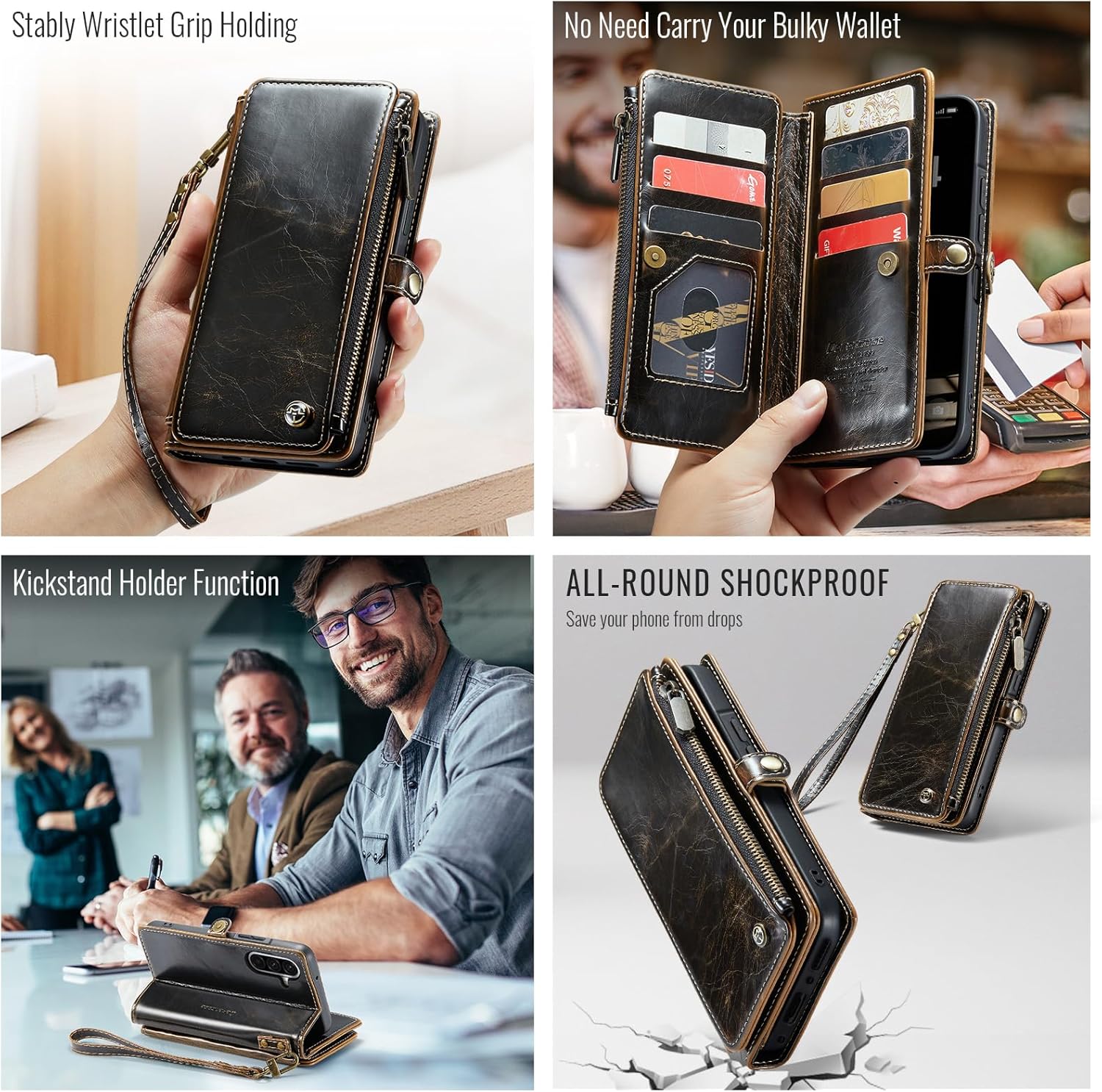 Defencase for Galaxy A26 5G Case Wallet with RFID Blocking Card Holder for Women Men, Fashion PU Leather Magnetic Snap Flip Zipper Wrist Strap Wallet Phone Case for Samsung Galaxy A26 5G, Coffee