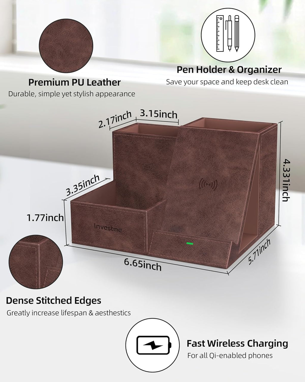 Wireless Charger with Desk Organizer, Pen Pencil Holder, Multifunctional Desktop Organizer, Office Supplies and Desk Accessories Organizer with 3 Compartments and 1 Phone Stand, Dark Brown