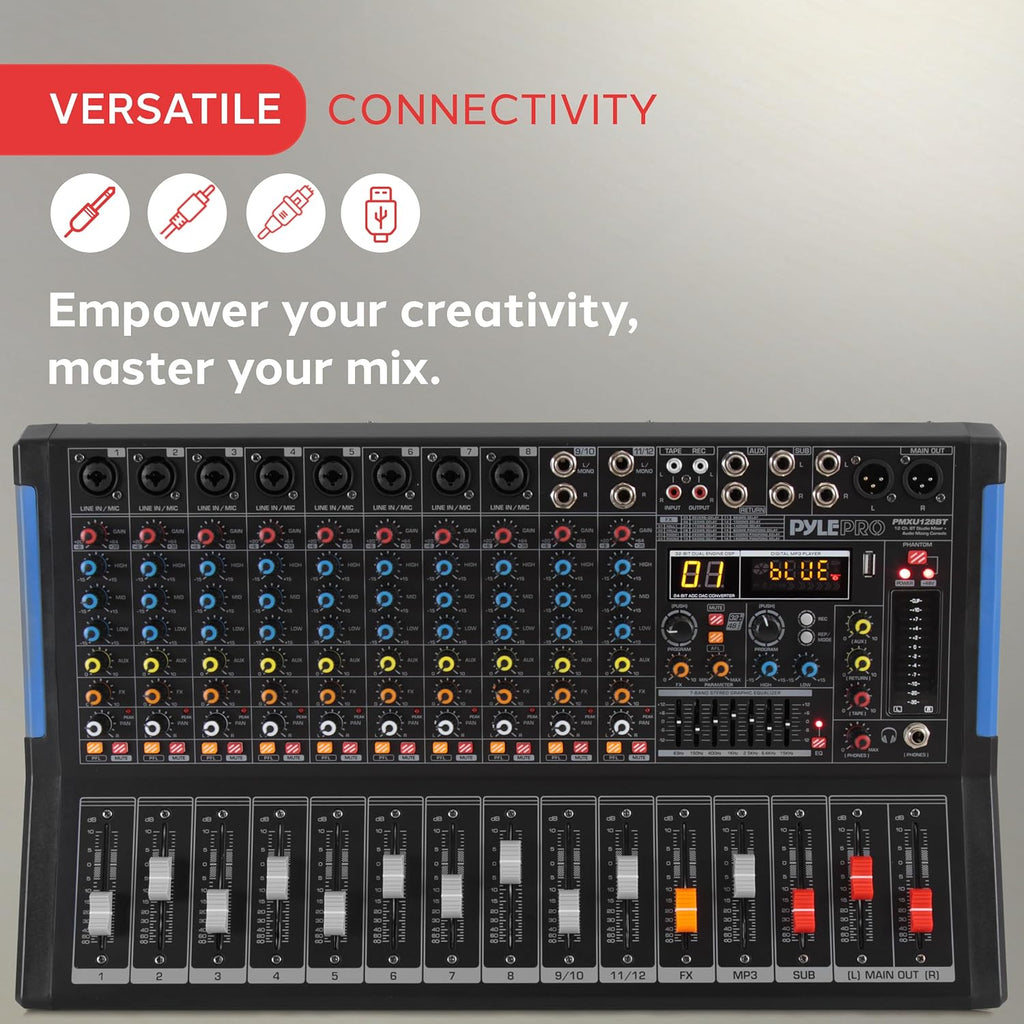 PYLE 12-Channel Bluetooth Studio Audio Mixer - DJ Sound Controller Interface with USB Drive for PC Recording Input, RCA, XLR Microphone Jack, 48V Power, For Professional and Beginners - PMXU128BT